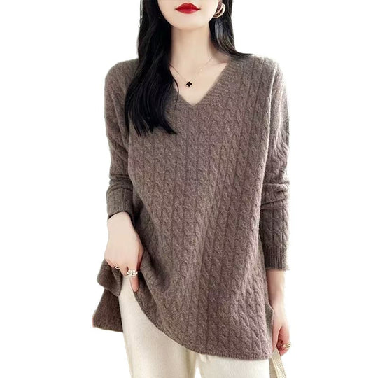 Damen Grobstrickpullover mit V-Ausschnitt und lässigem Schnitt EB