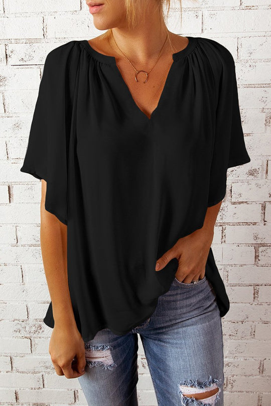 Damen lockeres Blusenshirt mit V-Ausschnitt und luftigen Ärmeln EB