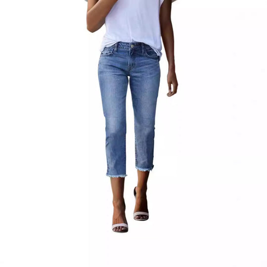 Damen nan gerade geschnittene Jeanshose in verkürzter Länge mit ausgefranstem Saum EB