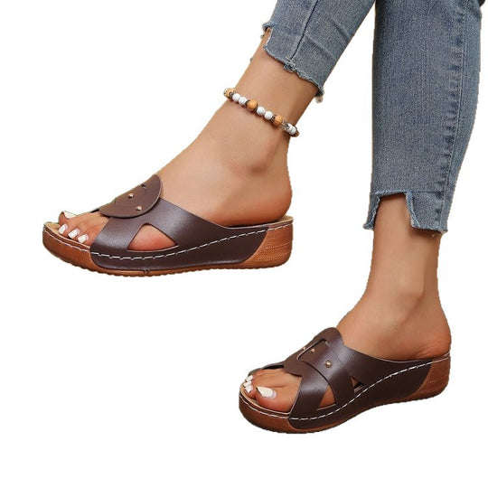 Damen modische Holz-Pantoletten mit elegantem Riemen-Design EB
