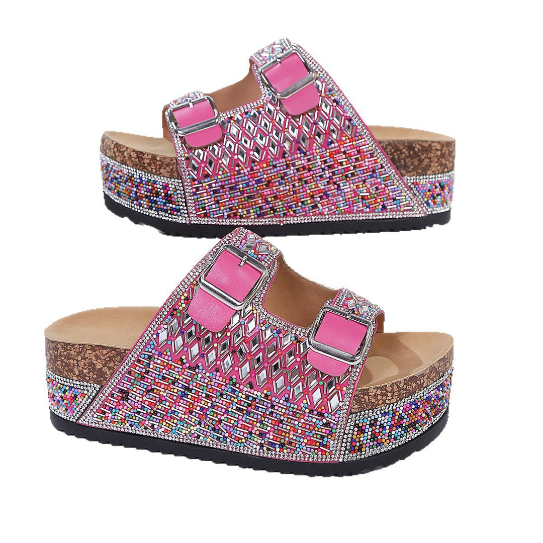 Damen Komfortable Sandalen mit dekorativen Schnallen und buntem Glitzerdesign EB