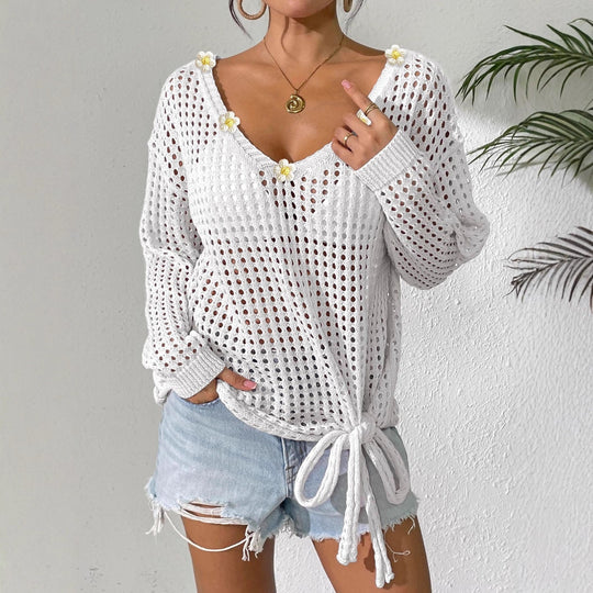 Damen luftiger Strickpullover mit floralem Dekor EB