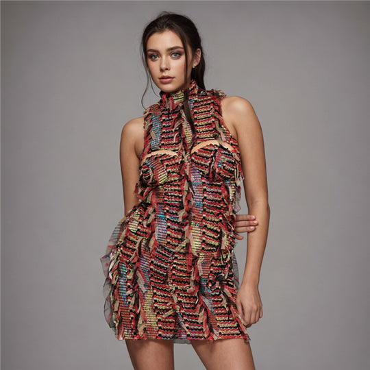 Damen Dekoratives Wickelkleid mit fransigen Details und hohem Kragen EB