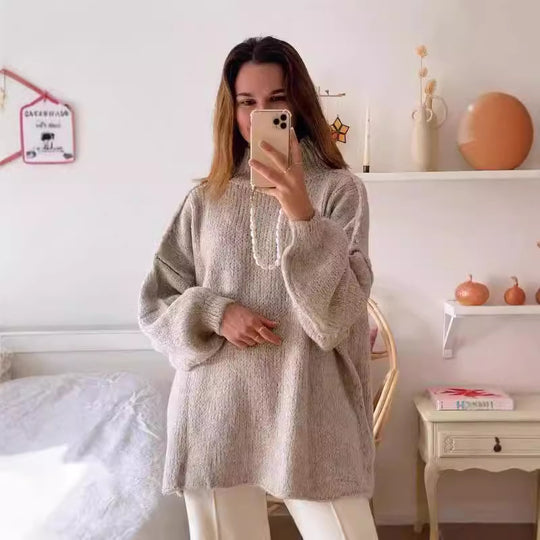Damen kuscheliger Oversize-Pullover mit weiten Ärmeln und strukturiertem Strick EB