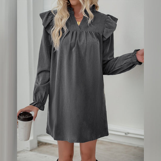 Damen Rüschen-A-Linien Kleid mit geraffter Brust und V-Ausschnitt EB