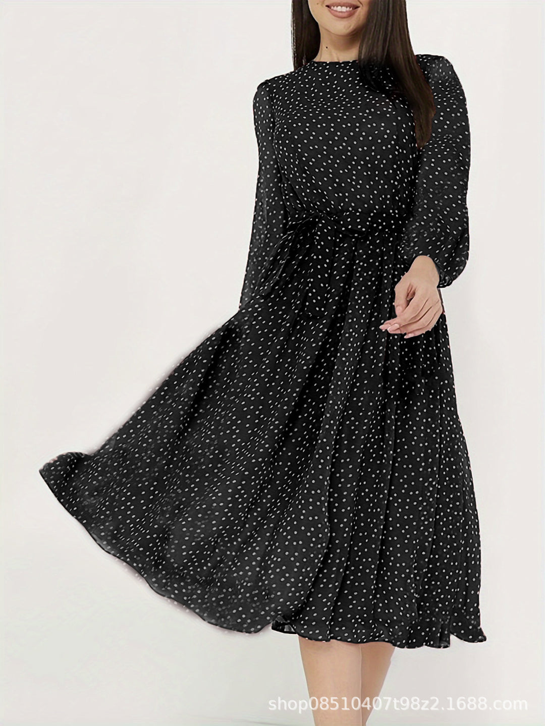 Damen Midikleid mit Punkten, taillierter Bindegürtel und Volantrock EB