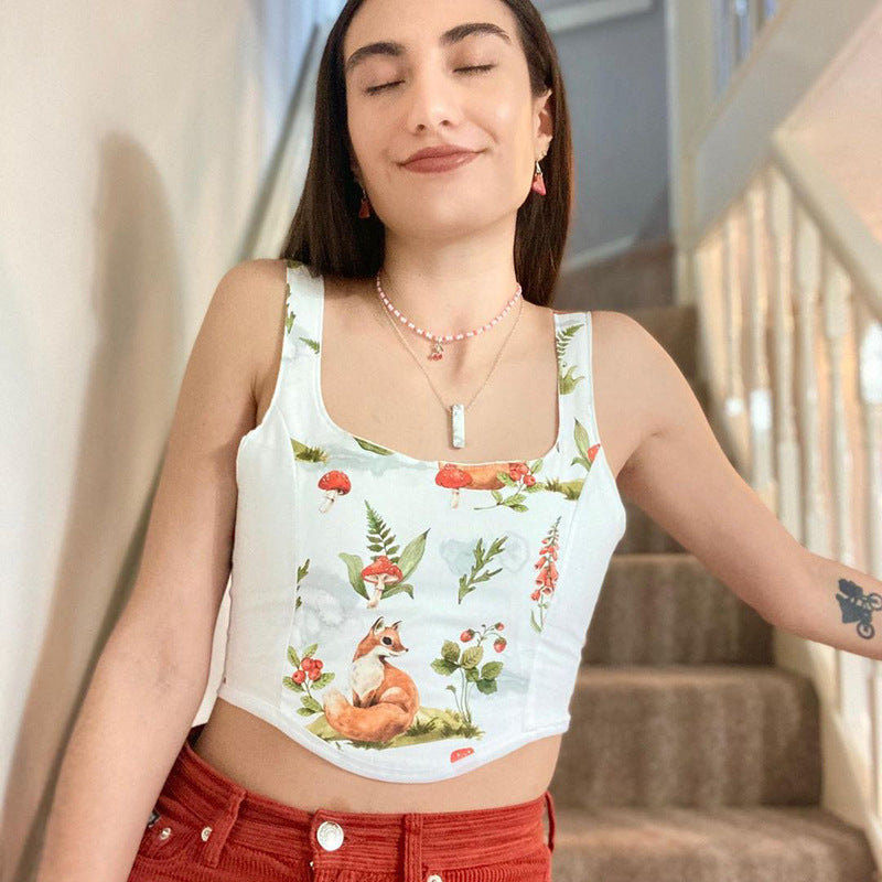 Damen Crop Top mit kunstvollem Flora-Design und verstellbaren Trägern EB