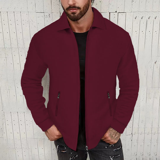 Herren nan minimalistische Stehkragen-Feinstrick-Übergangsjacke mit Zwei-Wege-Reißverschluss und verdeckten Reißverschlusstaschen EB