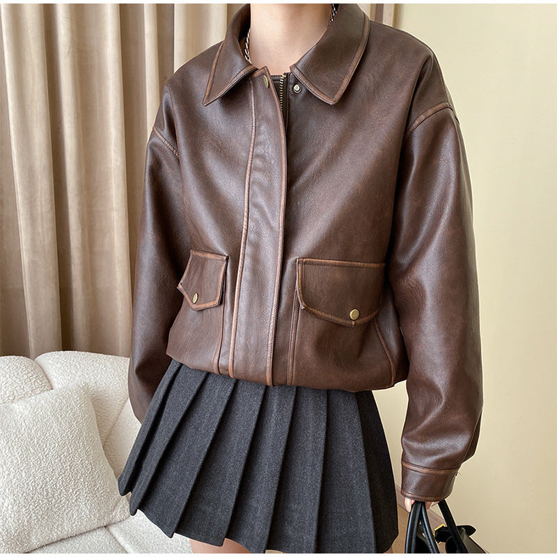 Damen Lässige Kunstlederjacke mit praktischen Taschen und elastischem Saum EB