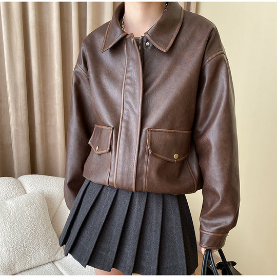 Damen Lässige Kunstlederjacke mit praktischen Taschen und elastischem Saum EB