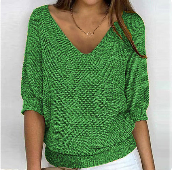 Damen nan lässiger Strickpullover mit V-Ausschnitt und Fledermausärmeln EB