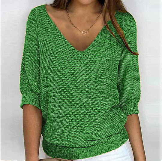 Damen nan lässiger Strickpullover mit V-Ausschnitt und Fledermausärmeln EB