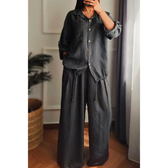 Damen Leinen-Set mit weiten Hosen undlässiger Bluse EB