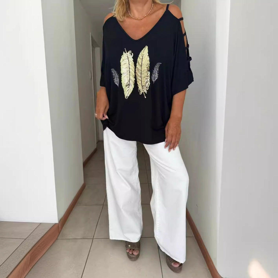 Damen oversized T-Shirt mit eleganter Stickerei und offenen Schultern Heidi-Mode