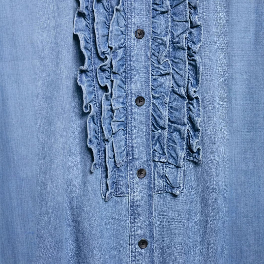 Damen nan Chambray-Bluse mit Rüschenknopfleiste, Hemdkragen und verlängertem Saum EB