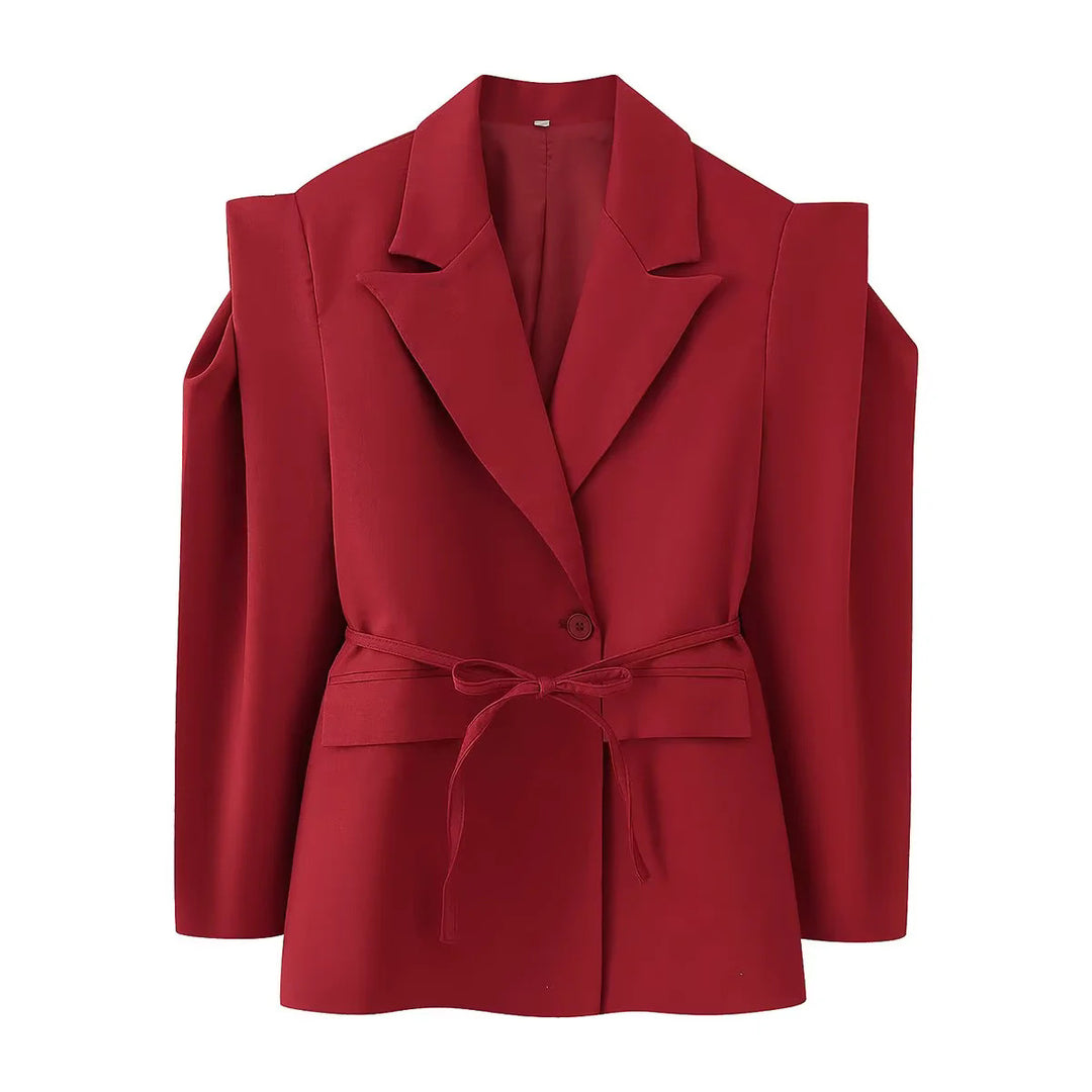 Damen elegante Oversized-Blazerjacke mit Gürtel und Schulterpolstern EB