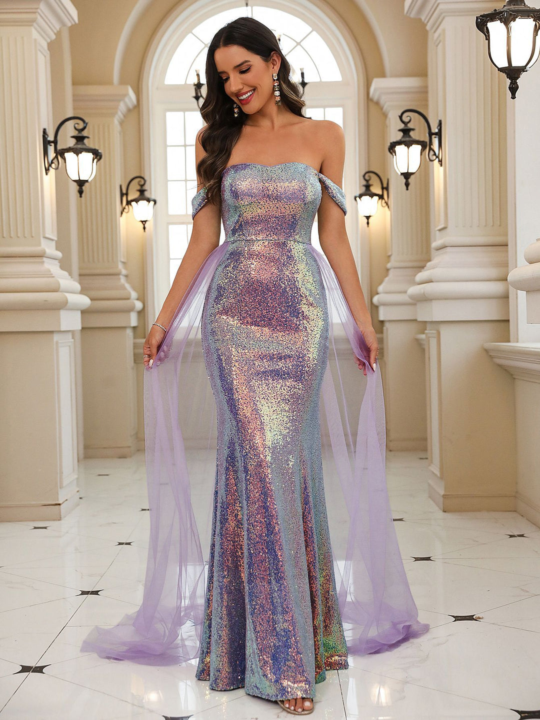 Damen Glamouröses Abendkleid mit schimmerndem Glitzer und Tüllakzenten EB