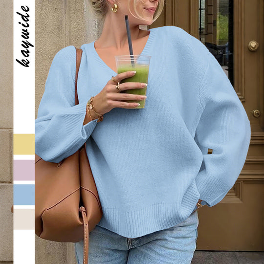 Damen nan oversized V-Ausschnitt Feinstrickpullover mit überschnittener Schulter, langen Kimonärmeln und breitem Rippbund EB