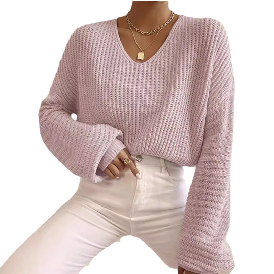 Damen lässiger Strickpullover mit V-Ausschnitt und weit geschnittenen Ärmeln EB