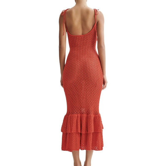 Damen Häkel-Maxikleid mit Volant und verstellbaren Trägern EB