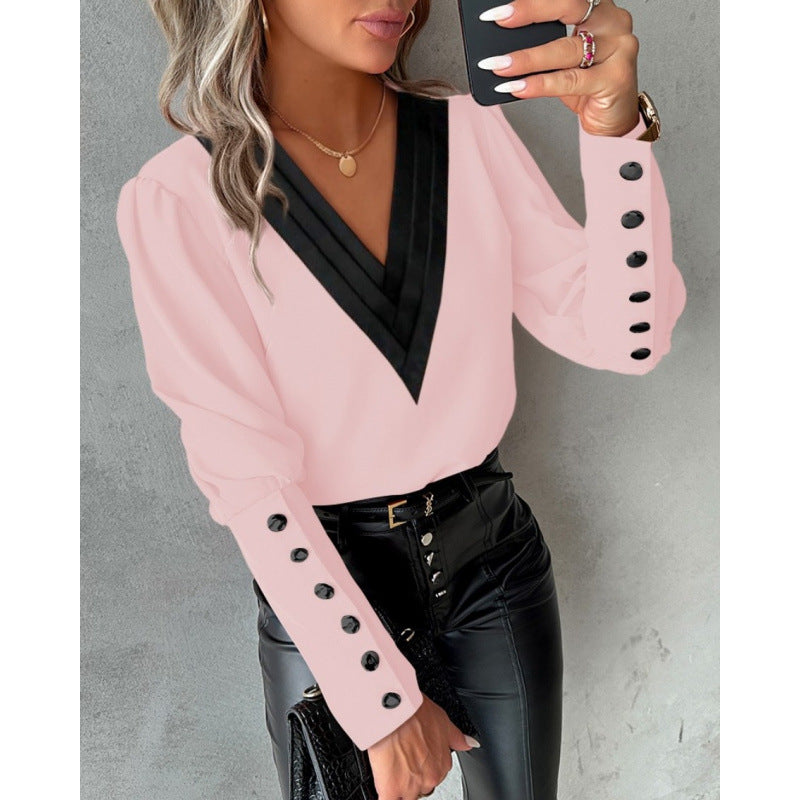 Damen Bluse mit V-Ausschnitt und eleganten Puffärmeln EB