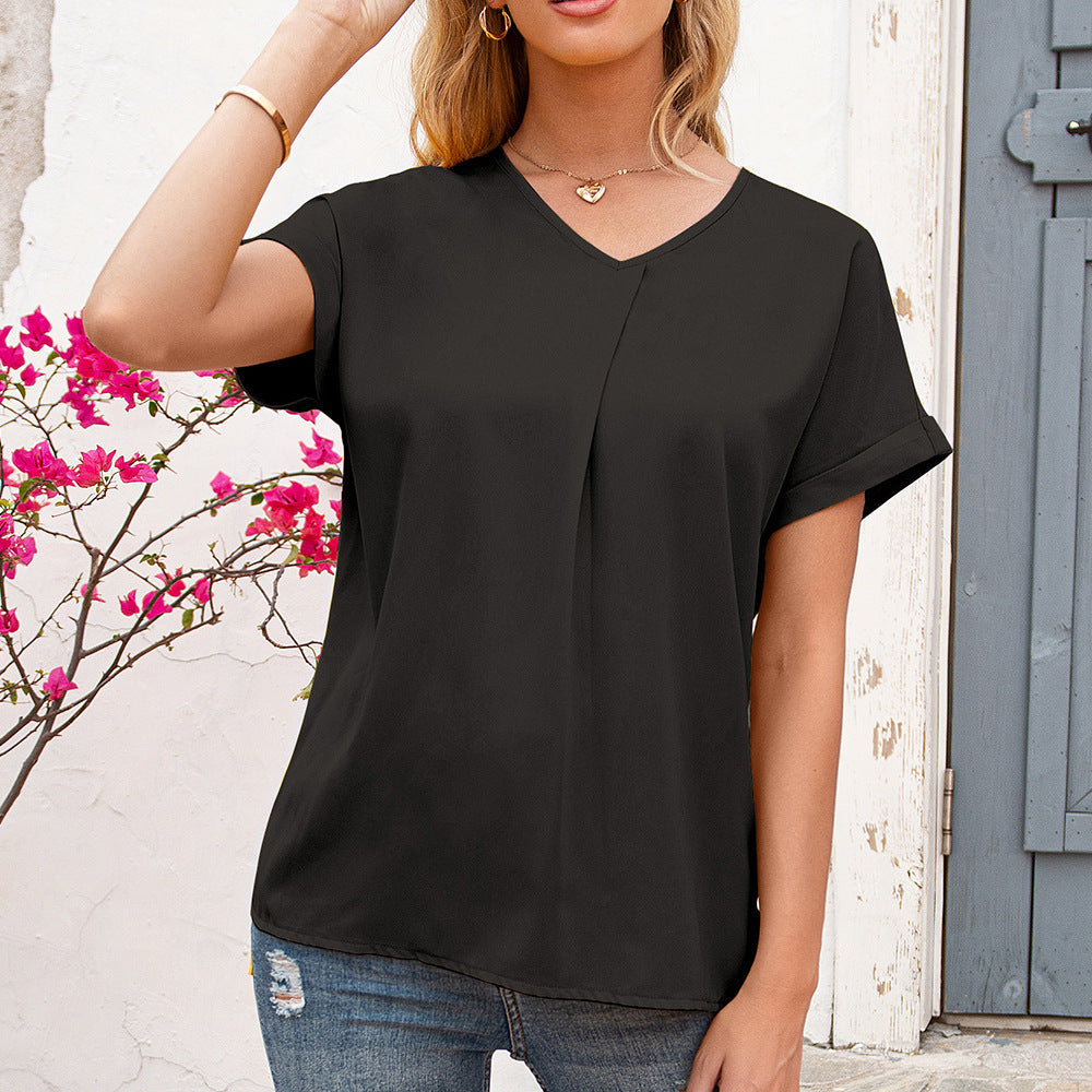 Damen elegantes V-Ausschnitt Bluse mit Falten und seitlichen Schlitzen EB