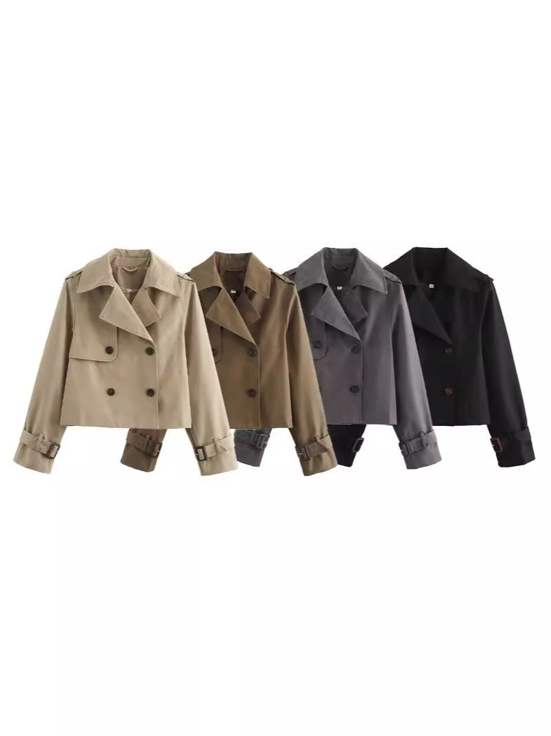 Damen cropped Trenchjacke mit doppelter Knopfleiste und verstellbaren Ärmeln EB