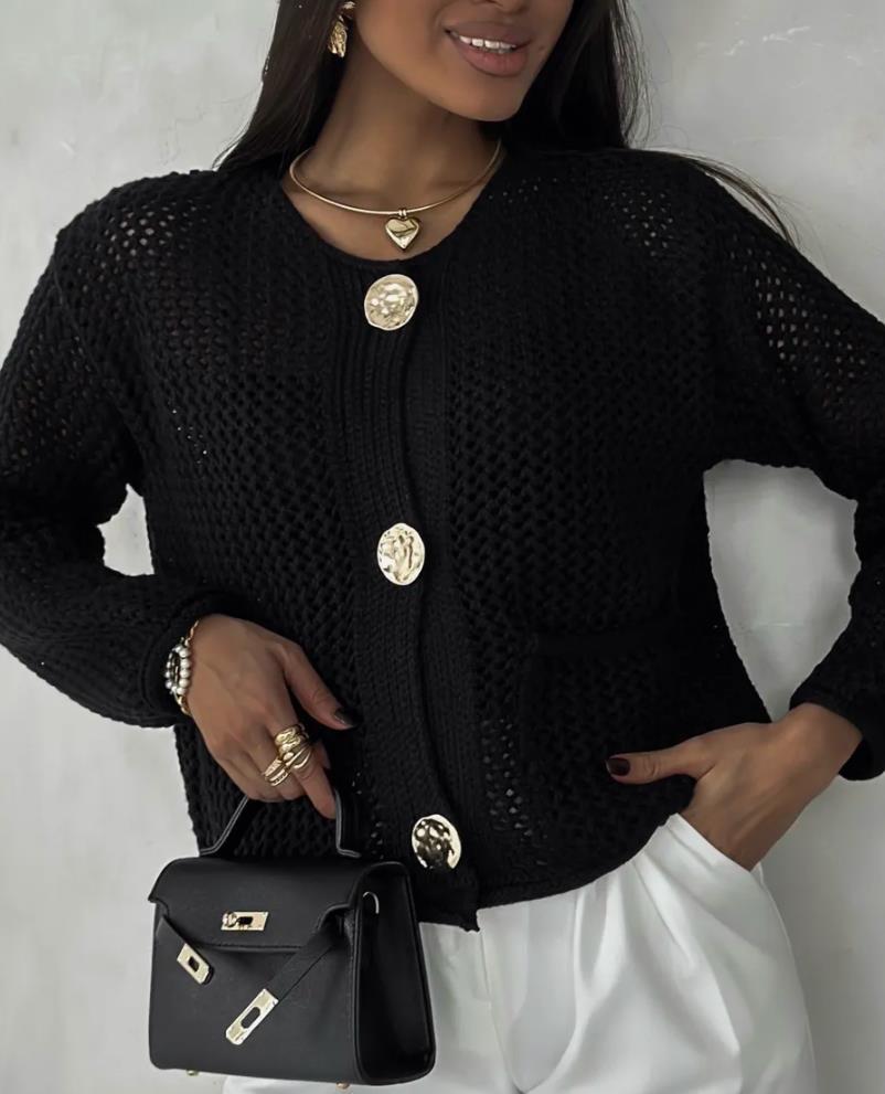 Damen luftiger Strickjacke mit dekorativem Netzdesign und praktischen Taschen EB