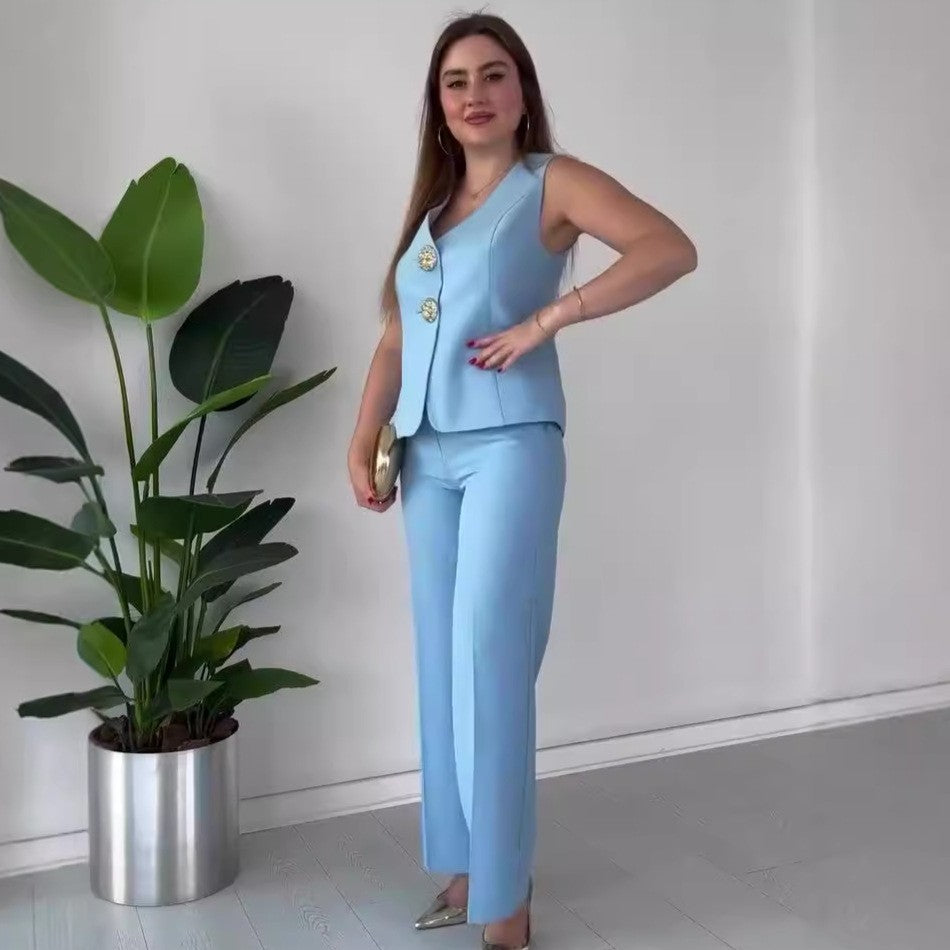 Damen Ärmelloses Tailoring-Set mit taillierter Weste, Zierknöpfen und weiter Palazzo-Hose EB