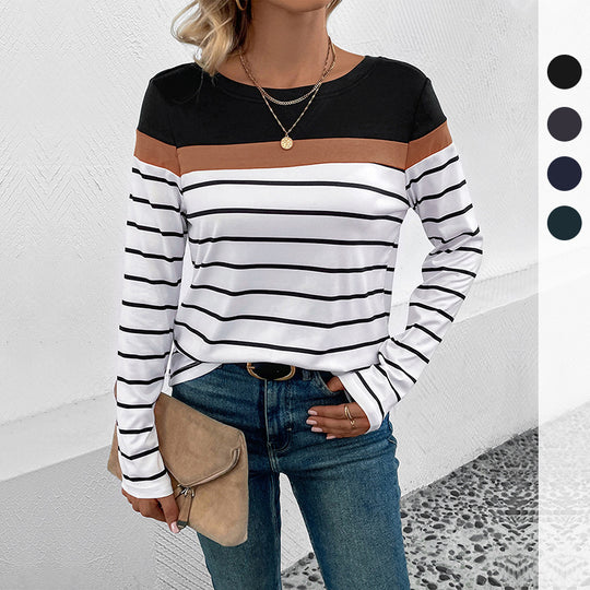 Damen Langarmshirt mit modischem Streifenmuster und kontrastierendem Oberteil EB