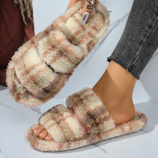Damen bequeme Hausschuhe aus flauschigem Material mit doppeltem Riemen EB
