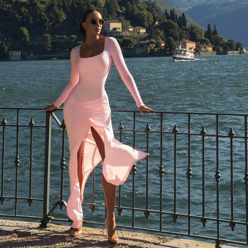 Damen figurbetontes Langarmkleid mit asymmetrischem Schlitz und Drapierungen EB