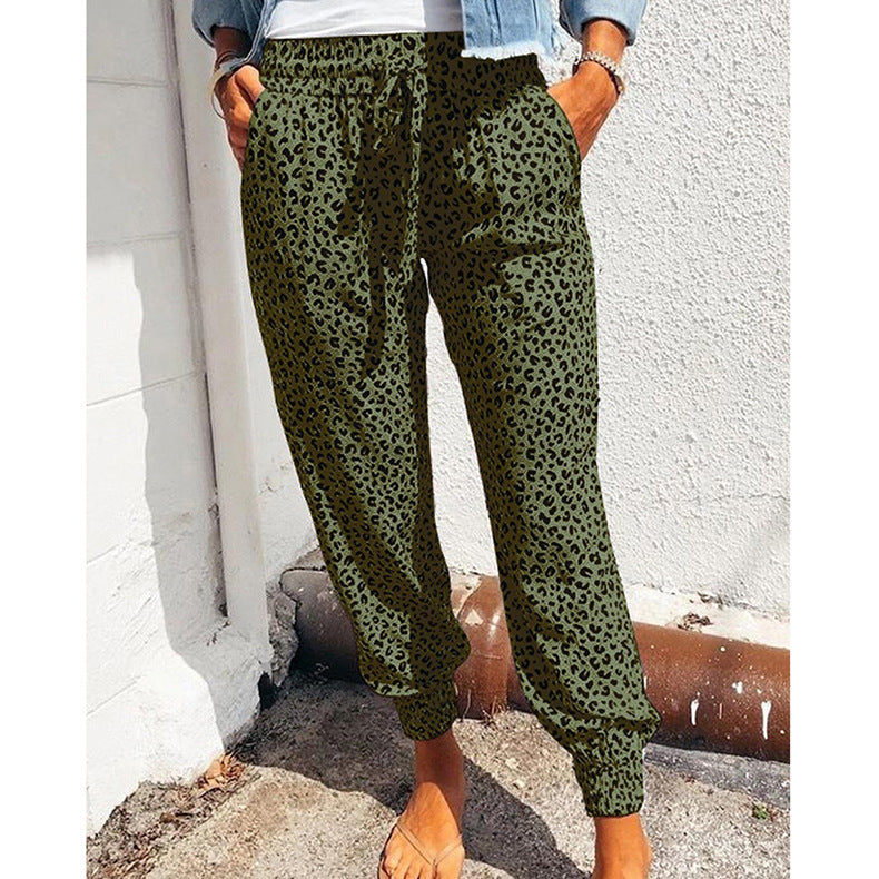 Damen nan lässige Leoparden-Print Jogginghose mit Tunnelzug, Eingrifftaschen und elastischen Bündchen EB