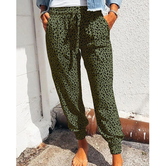 Damen nan lässige Leoparden-Print Jogginghose mit Tunnelzug, Eingrifftaschen und elastischen Bündchen EB
