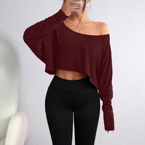 Damen lässiges Oversized Langarm-Shirt mit asymmetrischem Saum und U-Boot-Ausschnitt EB