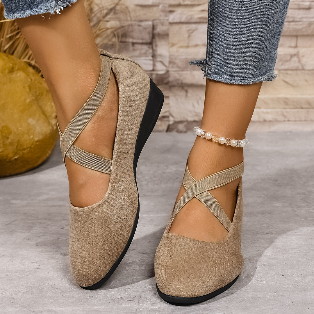 Damen elegante Ballerinas mit modischen Kreuzriemen und bequemem Wedge-Absatz EB