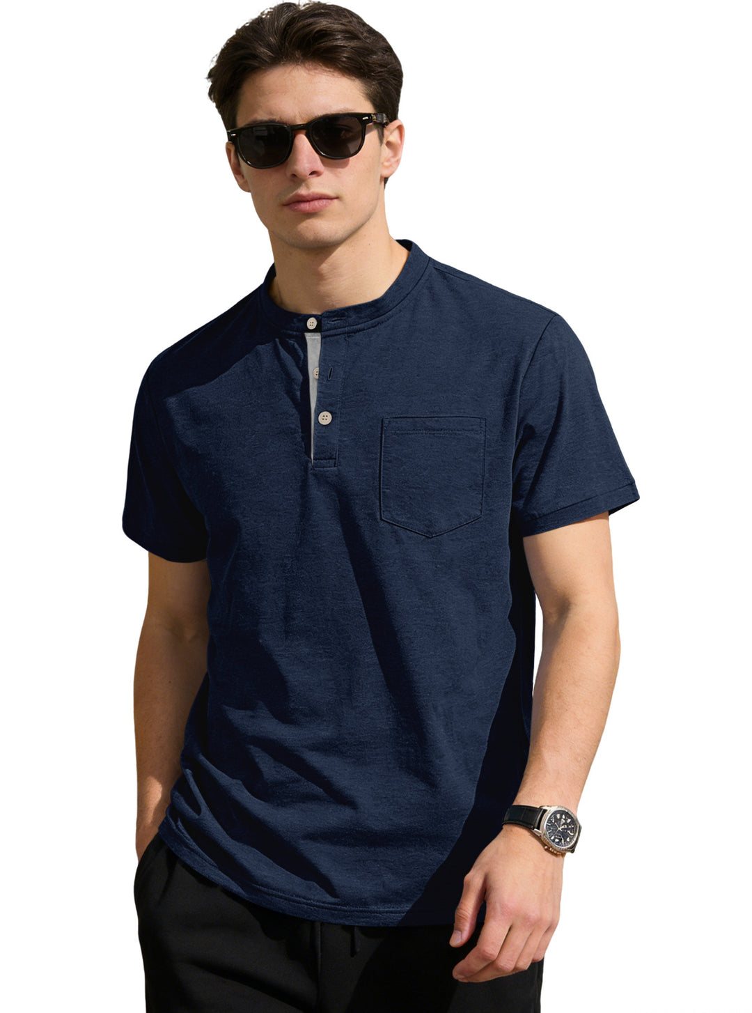 Herren nan strukturiertes Baumwoll-Henleyshirt mit kurzem Stehkragen Knopfleiste und Brusttasche EB