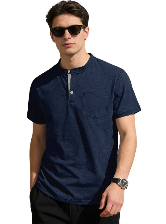 Herren nan strukturiertes Baumwoll-Henleyshirt mit kurzem Stehkragen Knopfleiste und Brusttasche EB