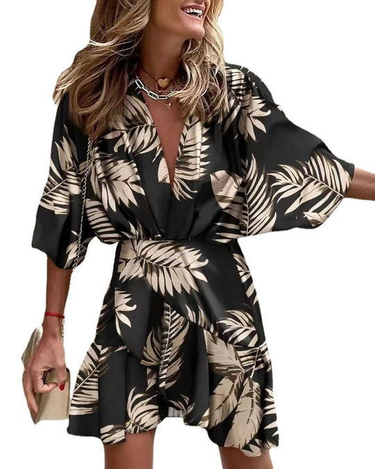 Damen Wickelmini-Kleid mit voluminösen Ärmeln und modischem Animal-Print EB