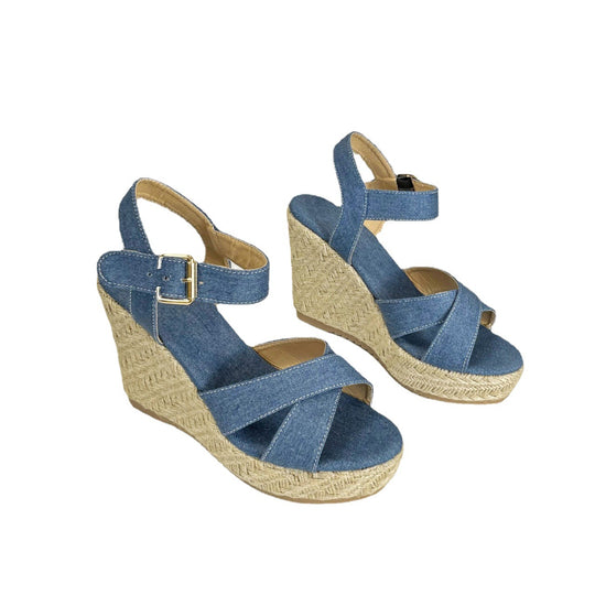 Damen nan Keil-Espadrille-Sandale mit geflochtener Juteplattform, gekreuzten Textilriemen und verstellbarer Metallschnalle EB
