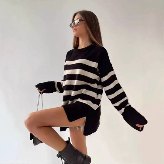 Damen Oversized Strickpullover mit modischem Streifenmuster und detailreicher Rippstruktur EB