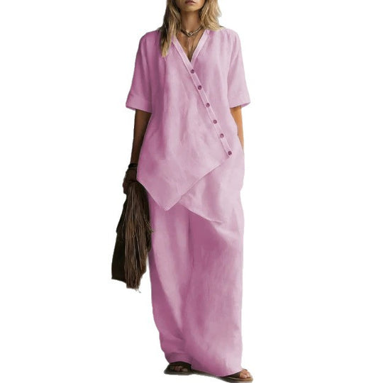 Damen Leinen-Zweiteiler mit asymmetrischer Knopfleiste und weiter Palazzo-Hose EB
