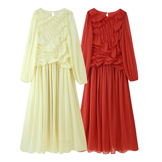 Damen Maxikleid mit eleganter Raffung und voluminösen Ärmeln EB