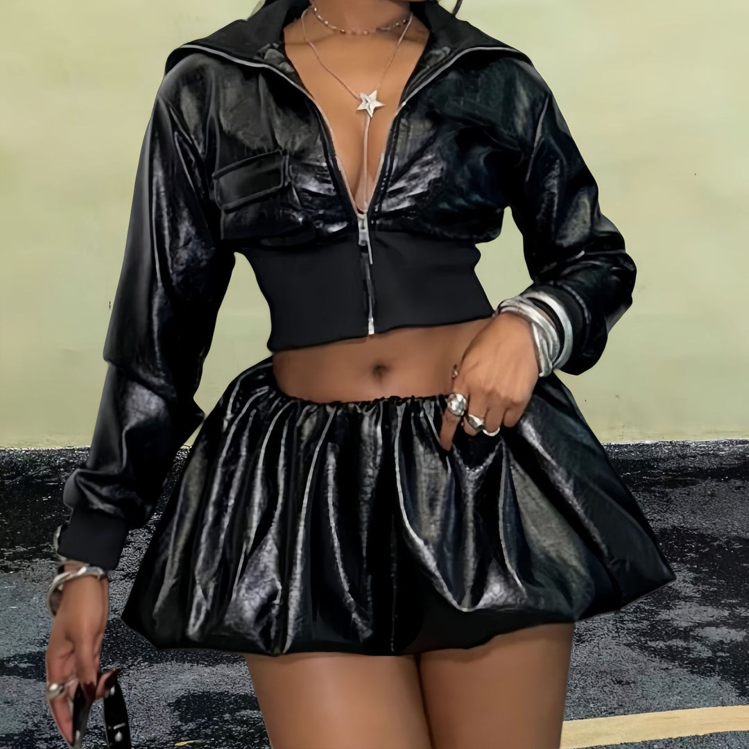 Damen Kurzjacke mit glänzendem Finish und elastischem Bund EB