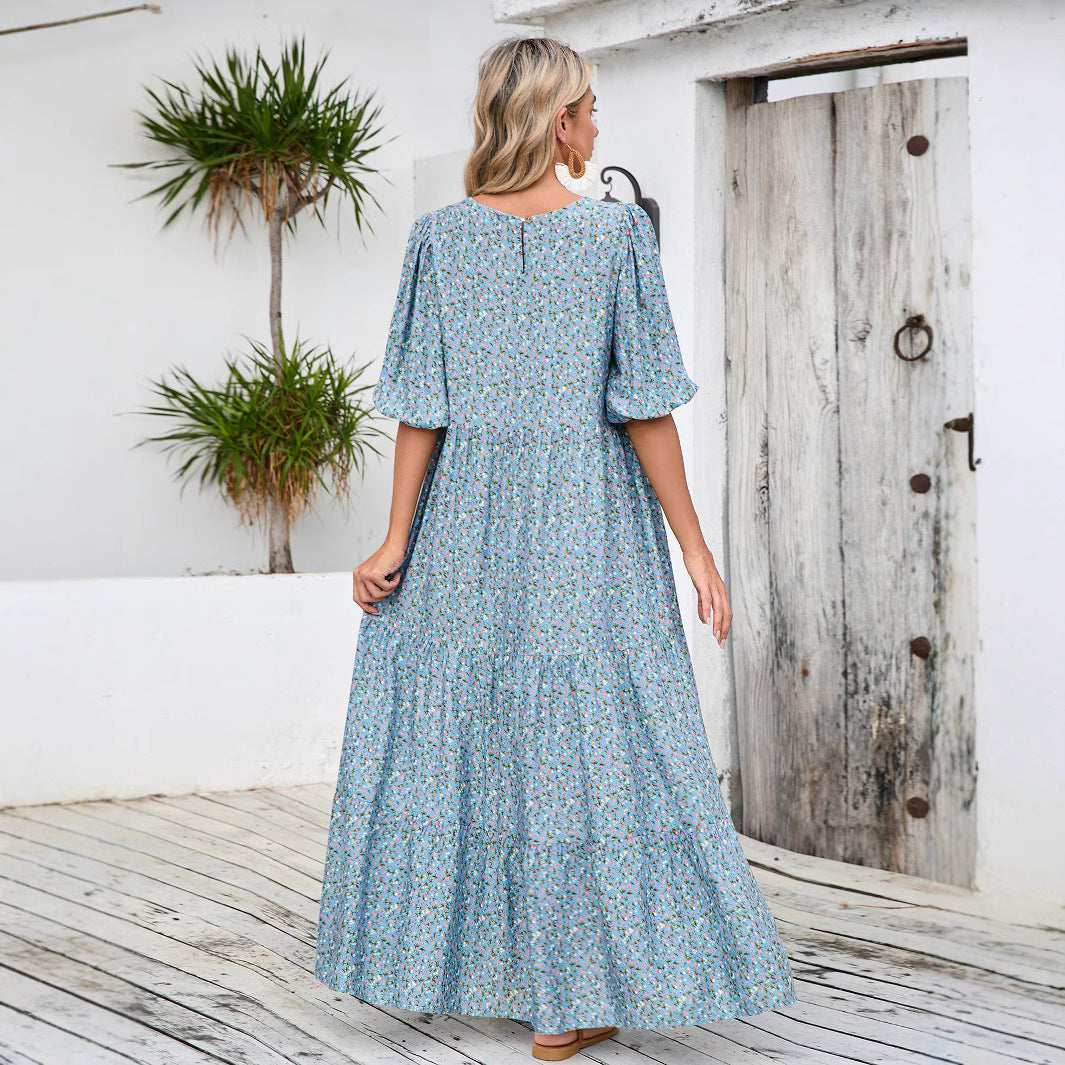 Damen Maxikleid mit Puffärmeln und voluminösem Saum EB