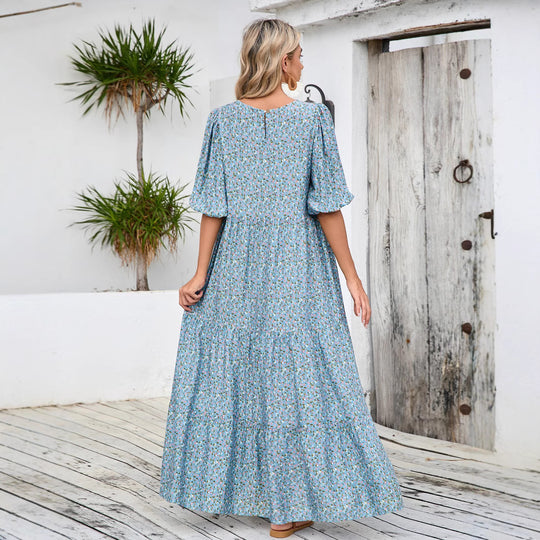 Damen Maxikleid mit Puffärmeln und voluminösem Saum EB