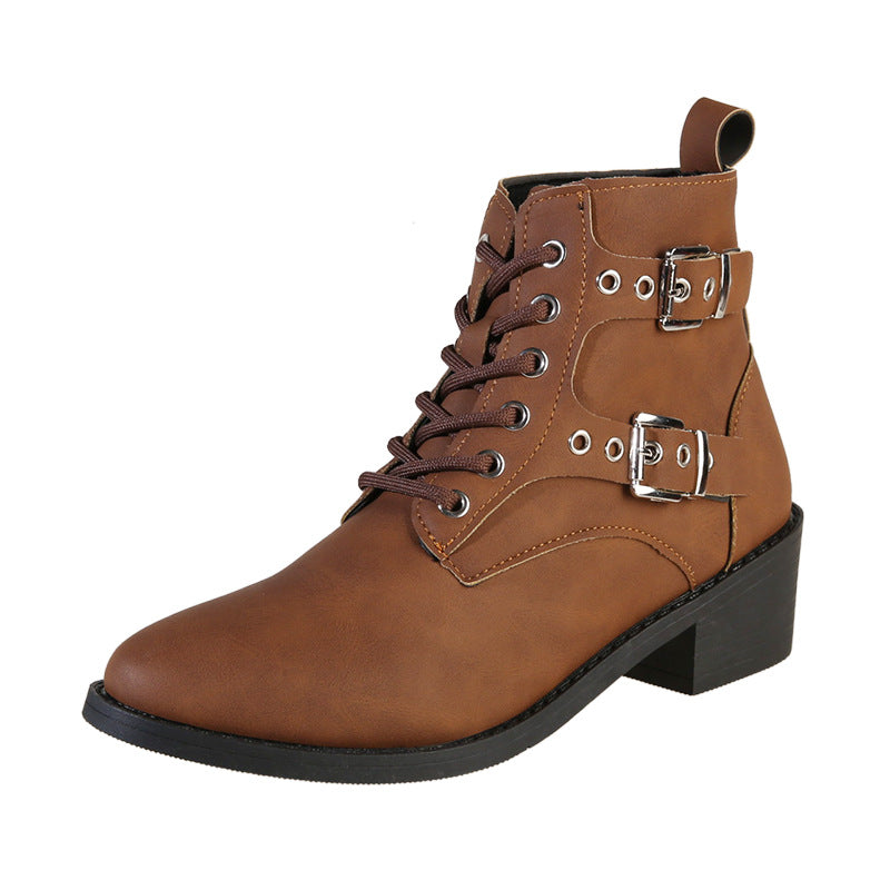 Damen modische Schnürstiefeletten mit praktischen Schnallen und robustem Absatz EB