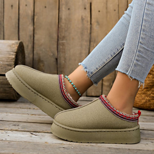 Damen  gemütliche Plateau-Hausschuh-Slipper mit weich gepolsterter Innenfütterung und dekorativem Zierbund EB