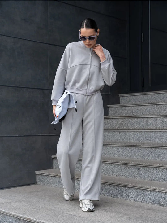 Damen Lässiges Sweatjacken- und Hose-Set mit elastischem Bund EB