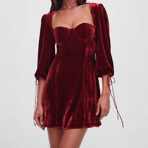 Damen Kurzes Samtkleid mit Puffärmeln und quadratischem Ausschnitt EB
